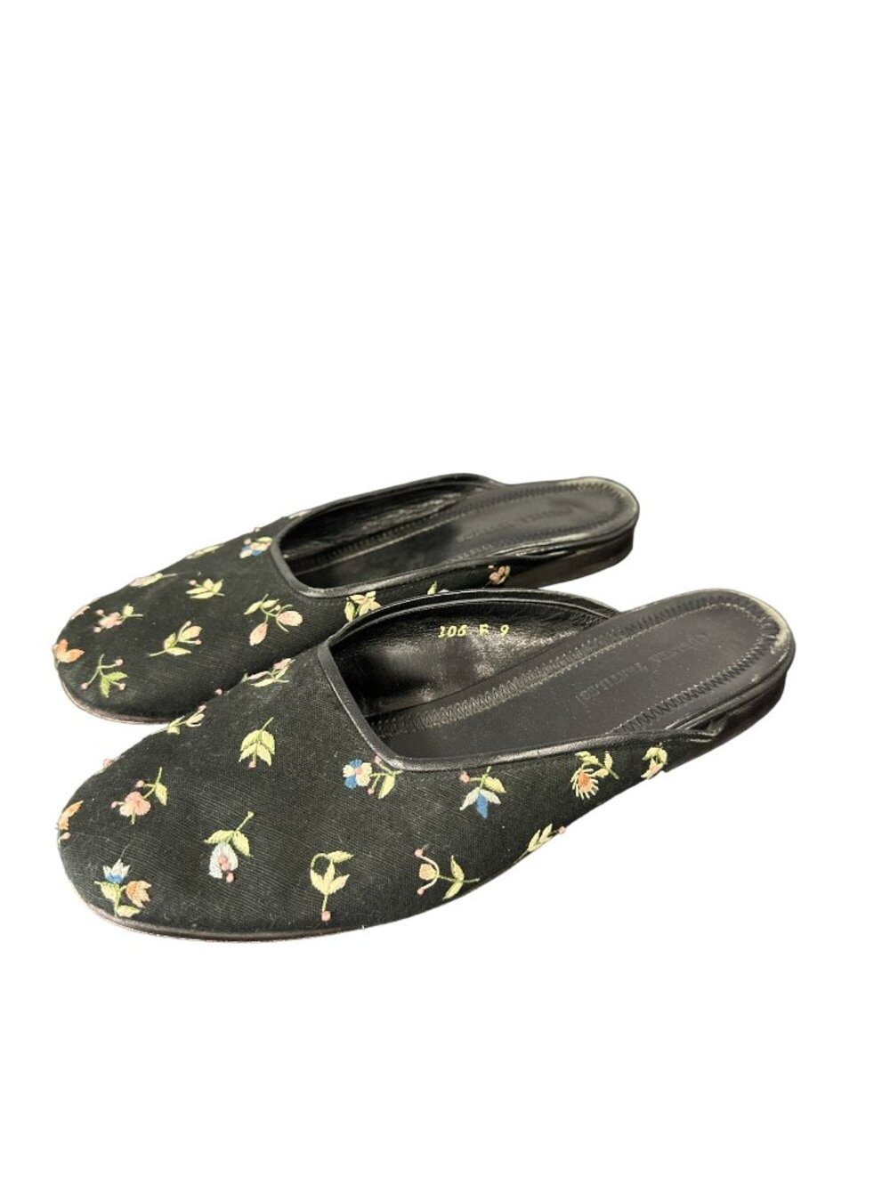 Vintage 1990s Chelsea Textiles Floral Embroidered Mules Black Slip On Flats 9
